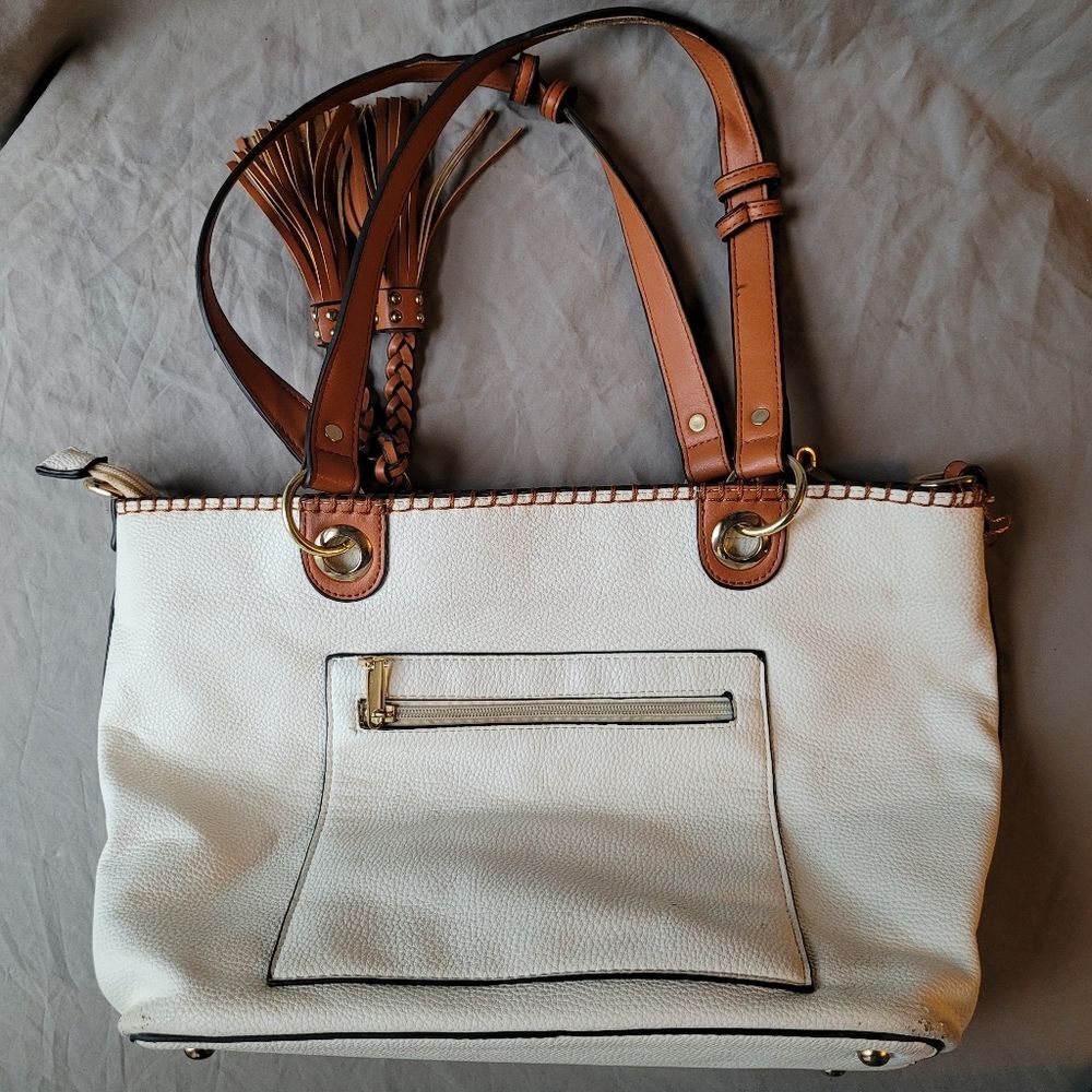 Off White and Brown Leather Tote Shoulder Bag - Picture 5 of 8